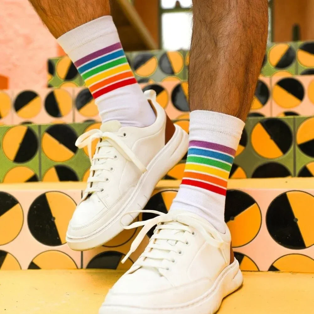 Mens Tipsy Elves White Rainbow 100% Cotton Crew Socks New With Tag